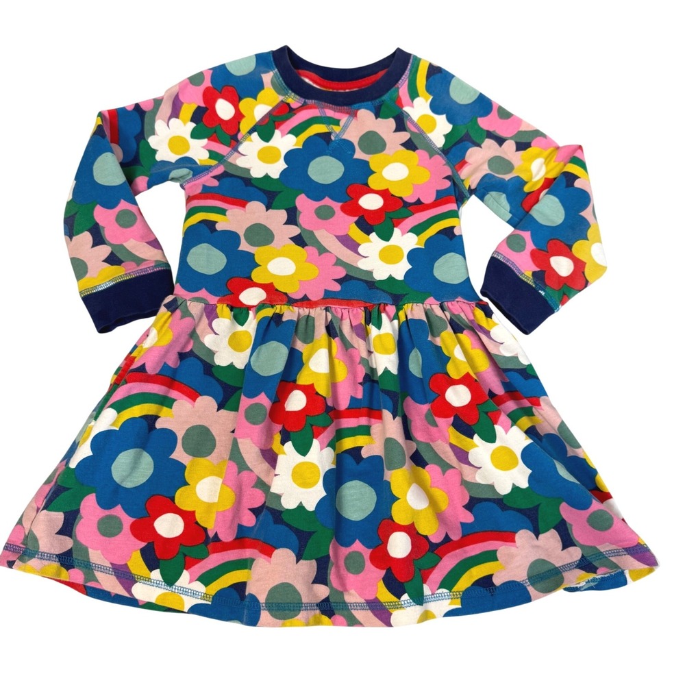 Mini Boden Dress 5-6Y Floral Rainbow Long Sleeve Pockets Knit Multi-Color Retro